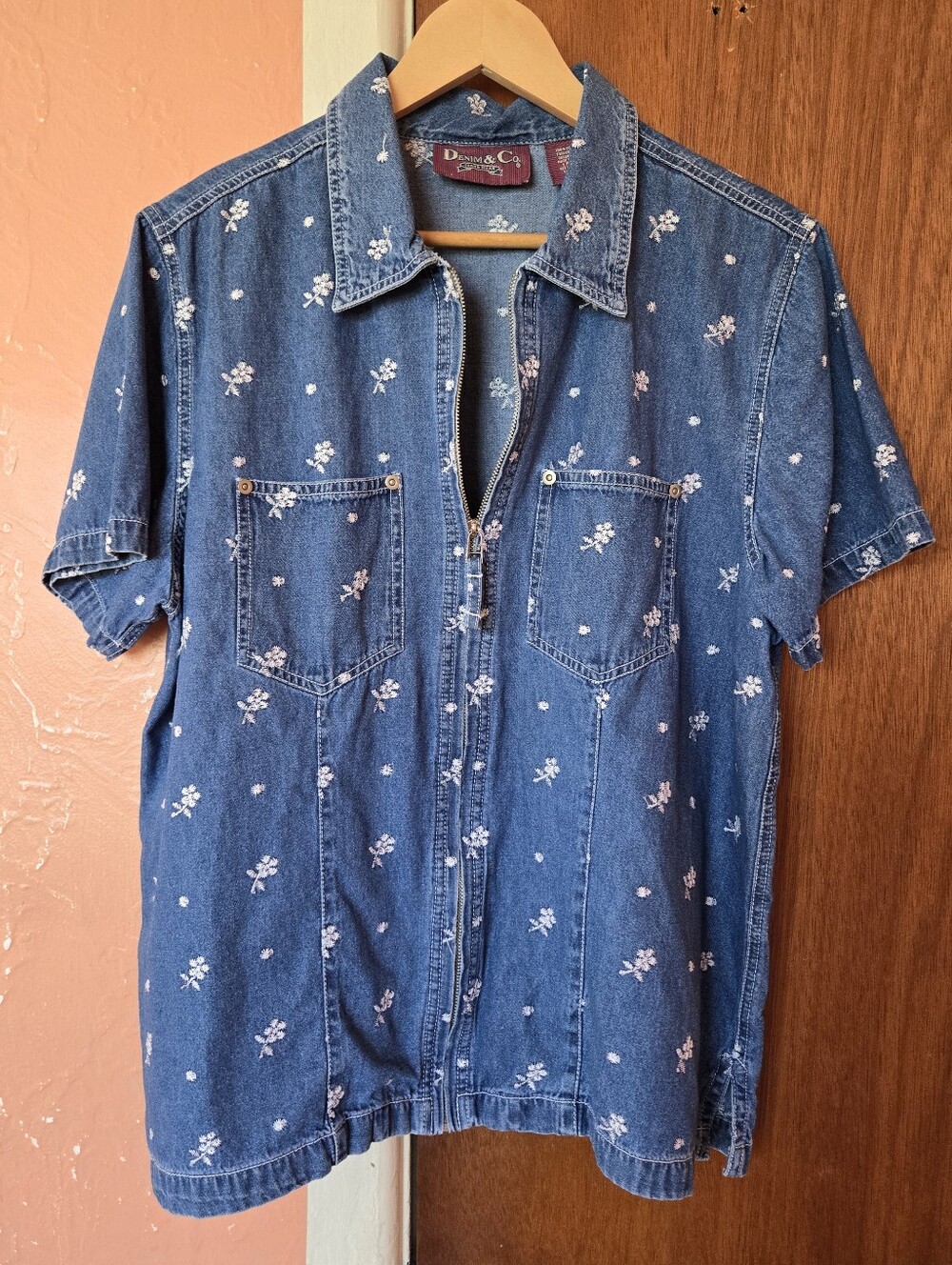 Denim&Co Blue Denim Top With White Embroidered Flowers, Zip Closure L